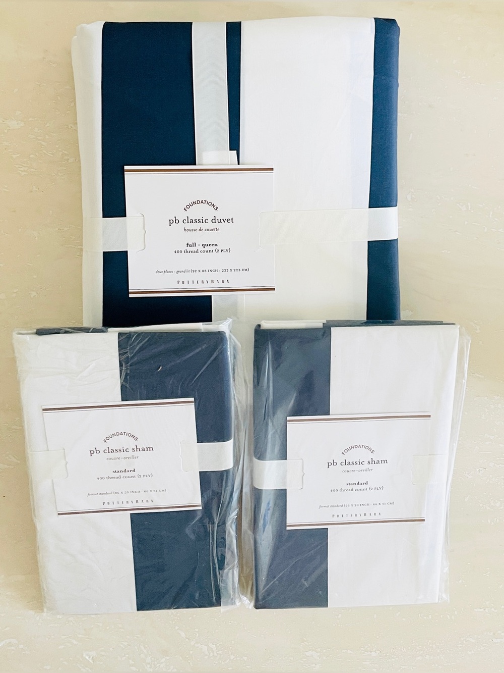 Pottery Barn Nautical Classic Stripe Duvet Cover 3 Pc Set Full Queen 100% Cotton